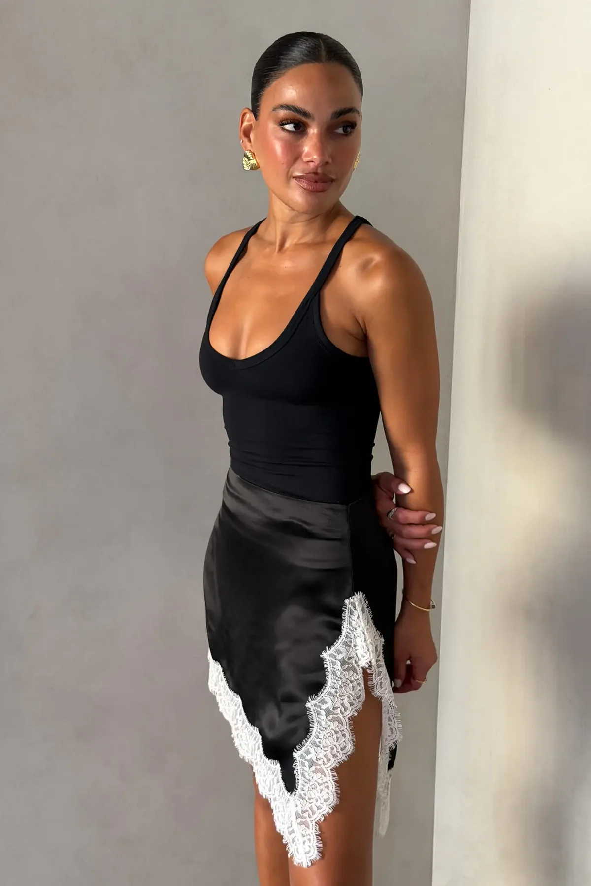 Sneaky Link - Lilah Lace Trim Mini Skirt Black/Ivory