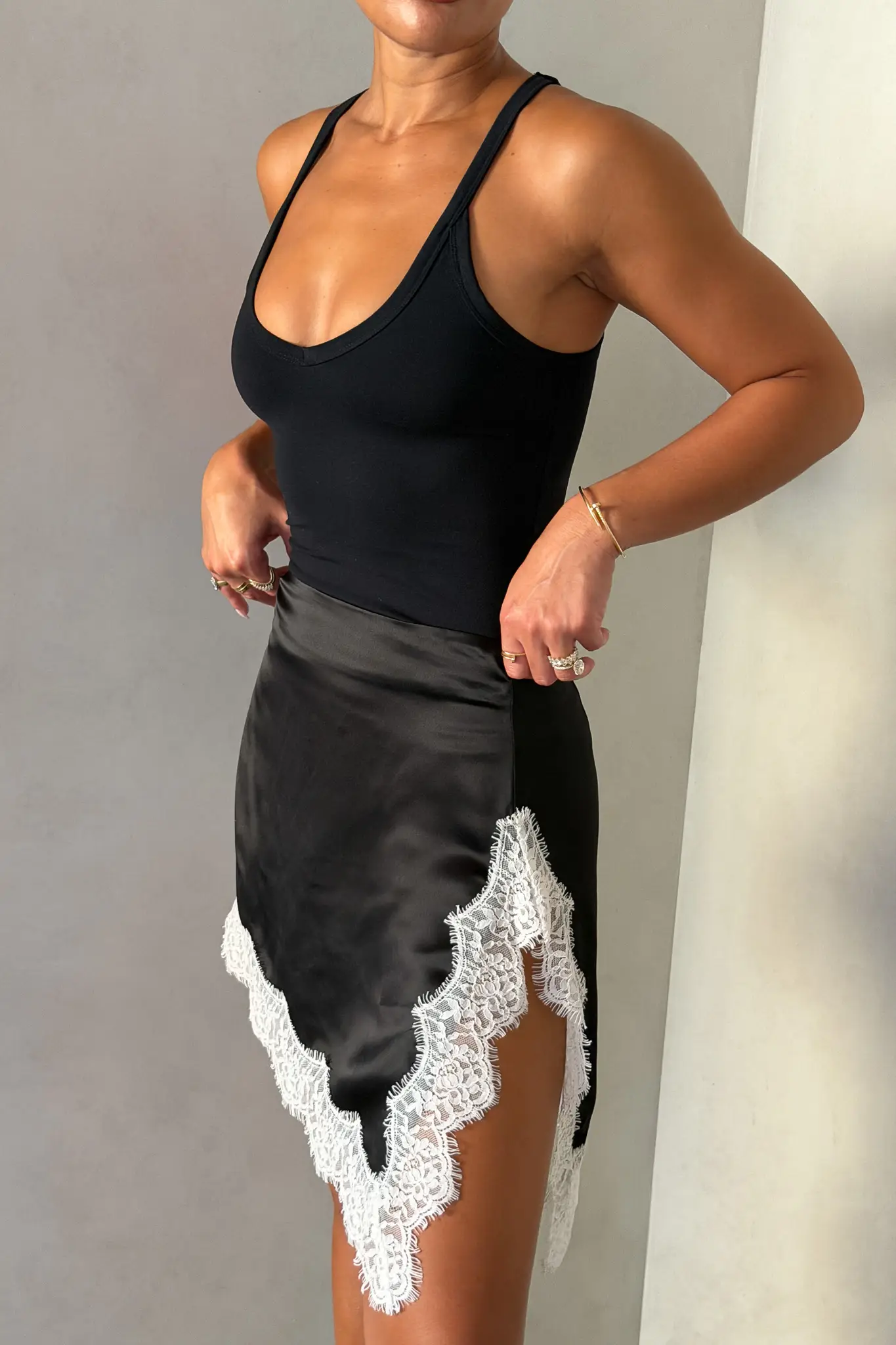 Sneaky Link - Lilah Lace Trim Mini Skirt Black/Ivory